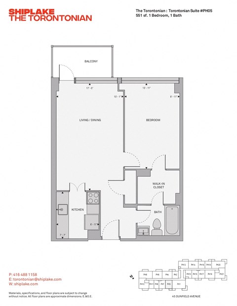 Floor plan for 1 bed, 1 bath, 551 sqft